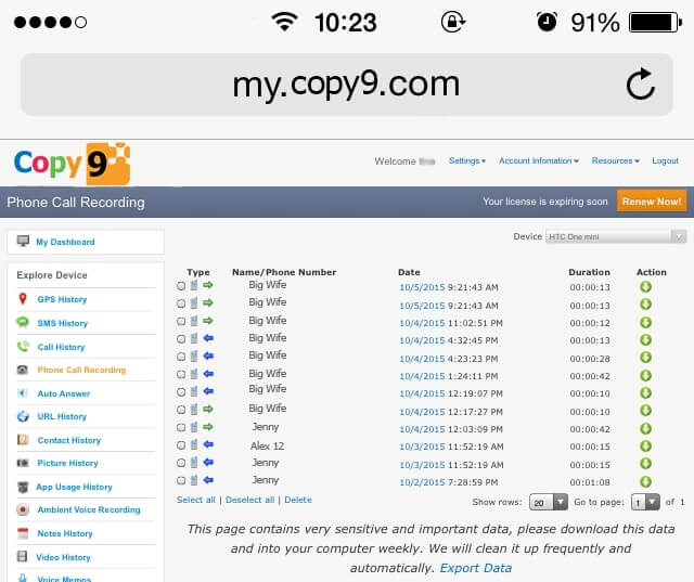 copy9 call history