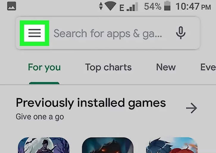 Google Play Store विंडो में, स्क्रीन के ऊपर बाईं ओर तीन क्षैतिज रेखाओं पर टैप करें