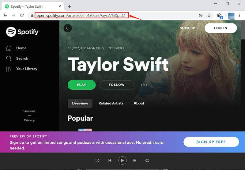 fungua url ya muziki ya spotify