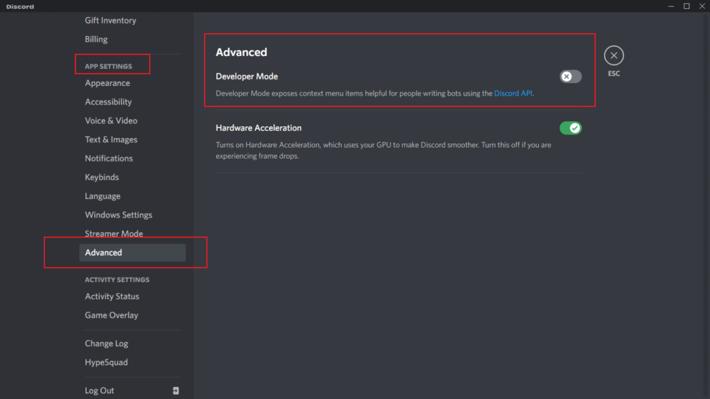 Discord developer rejimini yandırın